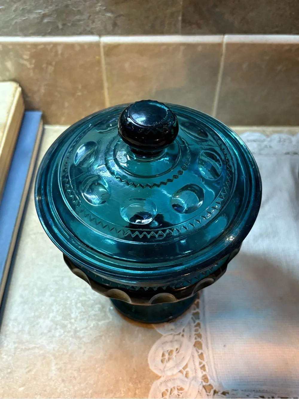 Vintage Indiana Glass Teal Thumbprint Covered Pedestal Candy Dish